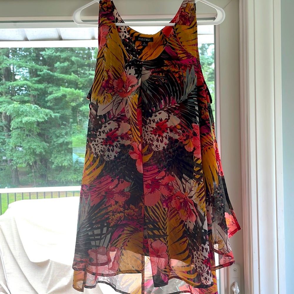 Roz & Ali warm colors tropical print blouse, X-Large